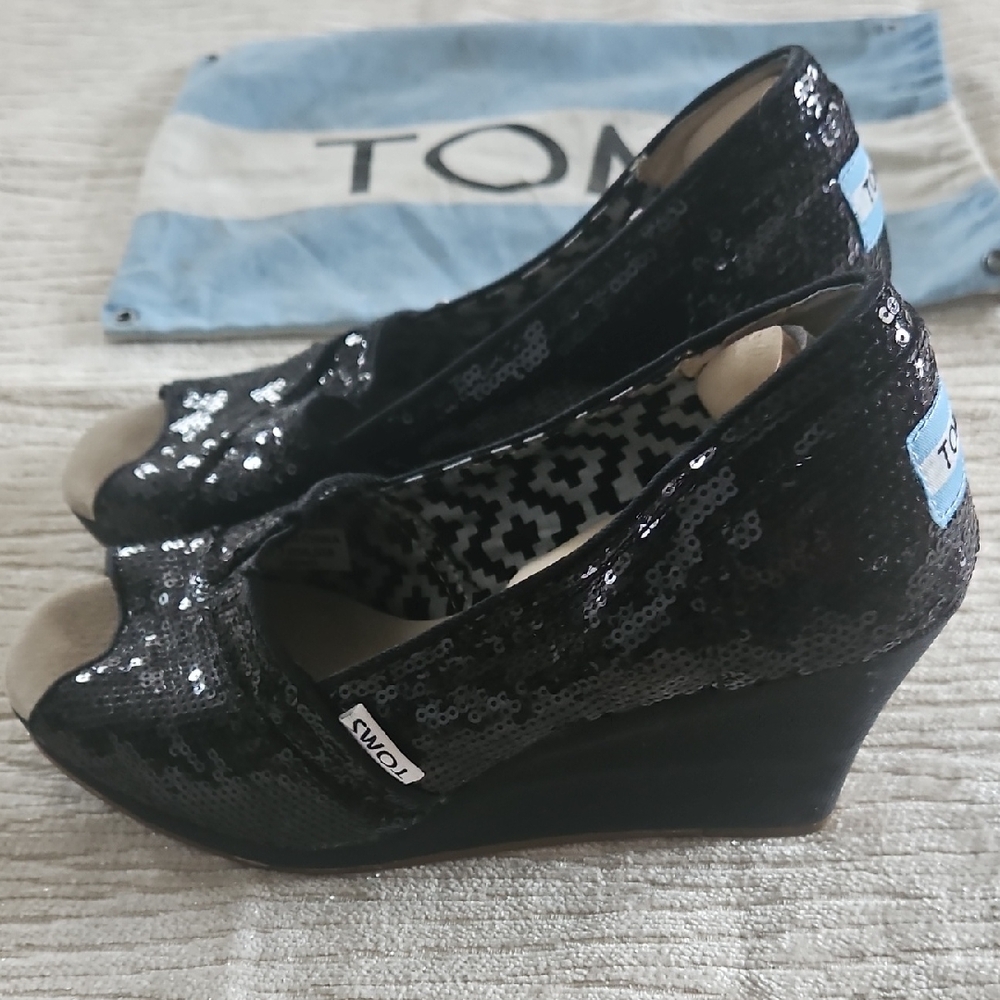 TOMS Glittering Black Wedge Shoes